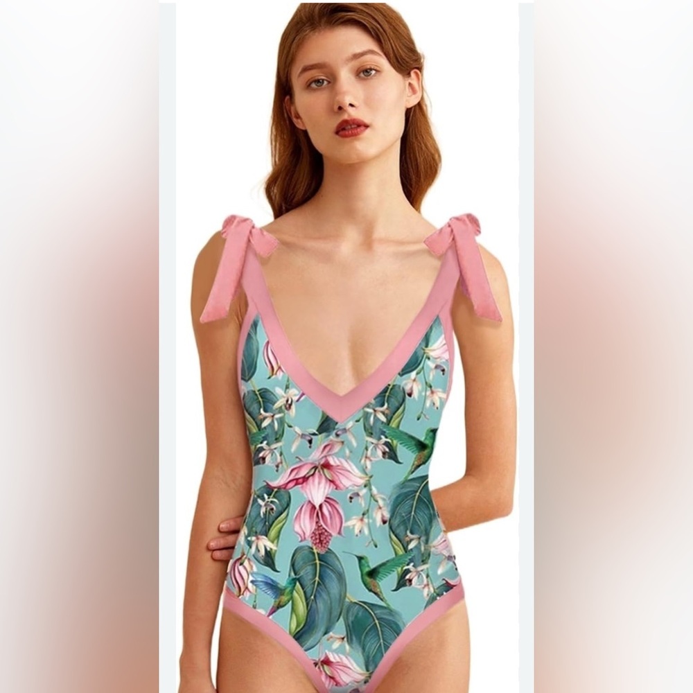 Bowknot Tie-shoulder Printed One Piece Swimsuit